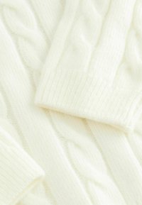Dettaglio di un maglione crema a trecce, con spessi motivi attorcigliati. Morbida consistenza con polsini a costine, che mette in evidenza un design accogliente e caldo.
