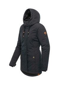 Dark navy parka jacket with a hood, featuring a zip closure, side pockets, and gold-tone hardware accents. Smooth texture, insulated lining.