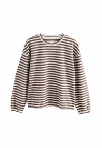 Langärmeliger Pullover aus geripptem Stoff mit horizontalen Streifen in Mauve und Off-White. Rundhals und elastische Bündchen. Legere Passform.