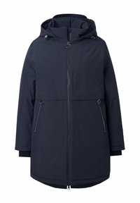 Námořnická modrá parka vyrobená z voděodolné tkaniny. Má kapuci, přední zip a dvě boční kapsy se zipovými detaily.