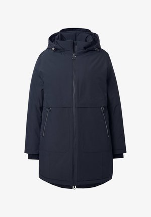 Giacca parka blu navy realizzata in tessuto resistente all'acqua. Presenta un cappuccio, chiusura frontale con zip e due tasche laterali con dettagli in zip.