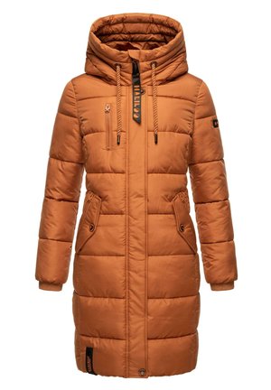 Long, padded coat in warm orange, featuring a high collar, zippered front, and two front pockets with button closures. Textured, quilted design.