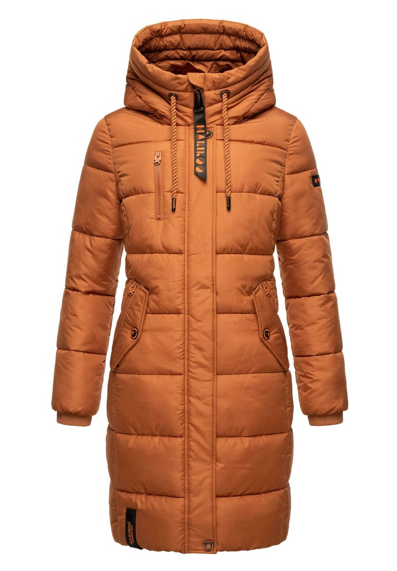 Lång, vadderad kappa i varm orange, med hög krage, dragkedja fram och två framfickor med knappstängning. Strukturerad, quiltad design.