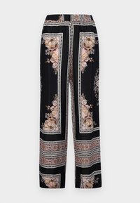 Fekete, bő szárú nadrág virág- és paisley mintával, pink és arany árnyalatokban. Jellemzője a mintás derékpánt és a puha szövettextúra.