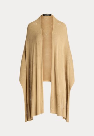 Long cardigan couleur camel, ouvert sur le devant, avec des côtés drapés et un discret motif géométrique en maille, présenté sur un cintre.