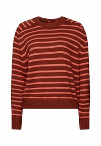 Pull en maille à rayures horizontales rouille et rose, à manches longues, avec col rond, poignets et ourlet côtelés.