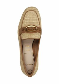 Light brown loafer with woven straw-like upper, gold hardware accent, and a rounded toe. Interior has branding and size detail.