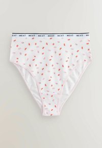 Balti kokvilnas bikini stila apakšveļa ar rozā apdari. Iezīmēta ar mazu zemeņu un arbūzu rakstu. Melna "NEXT" josta.