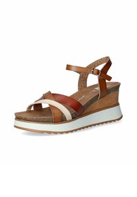 Sandalía de cuña de cuero marrón con tiras multicolores, plantilla de corcho texturizado, media suela blanca y correa ajustable en el tobillo. Suela de caucho con tracción.