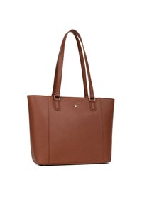 Borsa a tracolla in pelle marrone con texture liscia, due manici lunghi, hardware minimal e un dettaglio centrale con logo. Forma rettangolare strutturata.