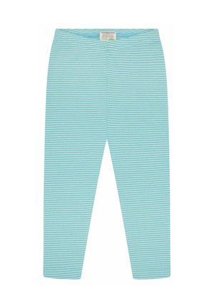 Hellblau-weiß horizontal gestreifte Leggings für Kleinkinder mit elastischem Bund, Größenetikett innen hinten sichtbar.