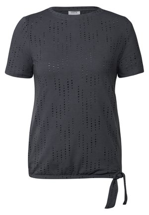 Graues Kurzarmoberteil mit strukturiertem Muster, das Cut-out-Details und einen seitlichen Knotenabschluss für eine verstellbare Passform aufweist.