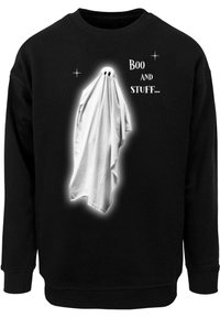 Felpa nera con grafica di un fantasma bianco, caratterizzata da due occhi e dal testo "Boo AND STUFF..." in grassetto bianco. Tessuto morbido.