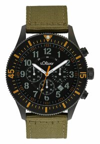 Schwarze Chronographuhr mit orangefarbenen Akzenten, runder Gehäuseform und olivgrürem Stoffarmband. Verfügt über weiße Zeiger, große Ziffernmarkierungen und eine strukturierte Lünette.