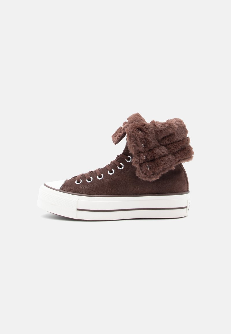 Braune Wildleder-Hochtop-Sneaker mit einem fellähnlichen Kragen, weißer Gummisohle und silbernen Ösen. Sie verfügen über ein strukturiertes Obermaterial und ein flaches Schnürsystem.