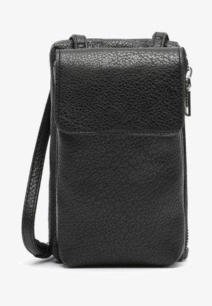 Black leather crossbody bag with a textured surface, rectangular shape, flap closure, and adjustable strap. Zippered side pocket included.