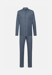 Marineblauw rompertje met lange mouwen, voorzien van een wit geometrisch patroon en een kraag. Gemaakt van zacht materiaal, ontworpen voor comfort.