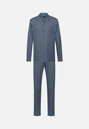 Marineblauer Babystrampler mit langen Ärmeln, verziert mit einem weißen geometrischen Muster und einem Kragen. Hergestellt aus weichem Stoff, für Komfort entworfen.