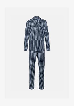 Marineblauw rompertje met lange mouwen, voorzien van een wit geometrisch patroon en een kraag. Gemaakt van zacht materiaal, ontworpen voor comfort.