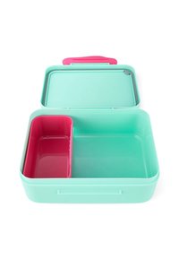 A mint-green lunchbox with a pink divider, featuring a rectangular shape, smooth plastic material, and a secure lid with a handle.