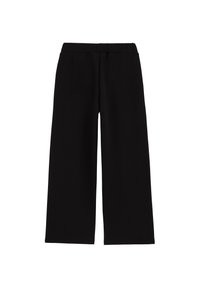 Fekete, széles szárú nadrág sima, puha textúrával és rugalmas derékkal, egyszerű, minimalista designnal, zsebek nélkül.