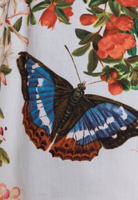Niebiesko-biała i brązowa motyla z rozpostartymi skrzydłami odpoczywa w pobliżu czerwonych kwiatów i zielonych liści na białym tle z tkaniny.