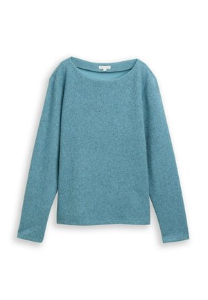 Langärmliger, hellblauer Rundhalspullover aus einem weich strukturierten Strick, flach auf einem weißen Hintergrund präsentiert.