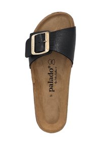 Sandal nera senza chiusura con cinturino testurizzato e fibbia dorata. Suola interna in tono marrone contornata visibile, logo stampato sulla soletta, taglia 37 indicata.