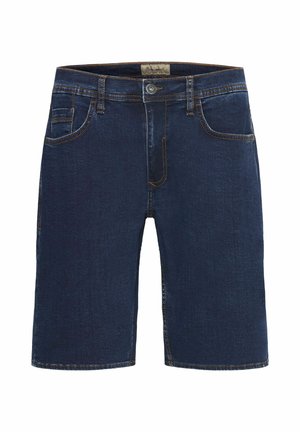 Tamsiai mėlyni džinsiniai šortai su tiesiu kirpimu, turintys priekinį mygtuką, penkias kišenes ir kontrastingą geltoną siūlę.