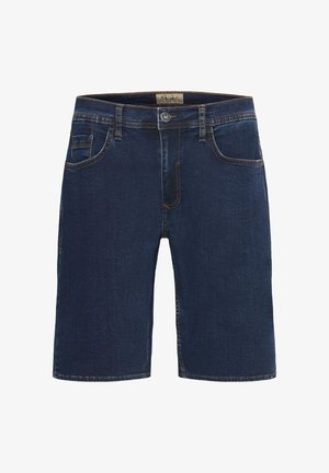 Pantaloni scurți din denim de culoare bleumarin, cu un croi drept, având închidere cu buton în față, cinci buzunare și cusături galbene în contrast.