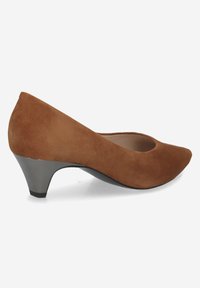 Brown suede pump with a pointed toe and a low, cone-shaped heel. The heel features a metallic accent, enhancing the overall design.