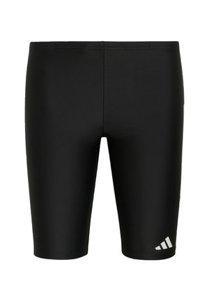 Black mid-thigh swim shorts with a small white Adidas logo on the lower right leg, shown against a white background.