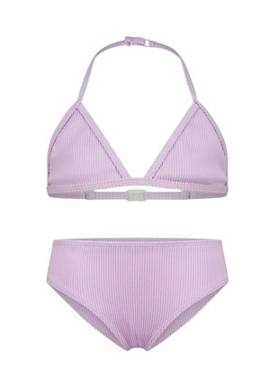 Lila geripptes Bikini-Set aus Stoff mit Triangel-Halftertop und passendem hoch geschnittenem Slip, beide mit Kunststoffverschluss.