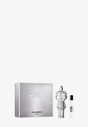 Karl Lagerfeld Karl Ikonik parfumsset met zilverkleurige doos, metalen sprayfles in de vorm van een figuurtje en een klein glazen sprayflesje.
