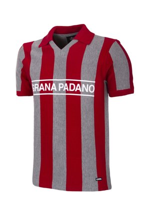 Rood en grijs verticaal gestreept polohemd met korte mouwen met de tekst "GRANA PADANO" over de borst en een klein "COPA" label vlak bij de zoom.