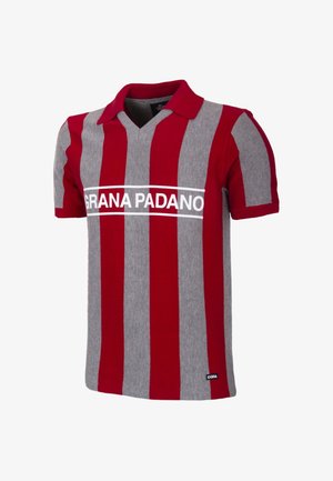 Rood en grijs verticaal gestreept polohemd met korte mouwen met de tekst "GRANA PADANO" over de borst en een klein "COPA" label vlak bij de zoom.