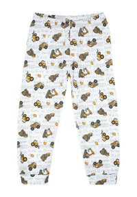 Białe spodnie do piżamy z zabawnym nadrukiem żółtych i czarnych pojazdów budowlanych oraz narzędzi, z szarymi napisami, elastyczną talią i zwężanymi nogawkami.