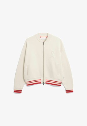 Bomberjack in crème met geribbelde boorden en zoom met rode strepen, een rits aan de voorkant, twee zijzakken en een gestructureerde stof met logodetail.