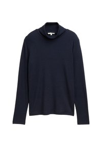 Haut col roulé à manches longues de couleur marine, fabriqué en tissu doux ; il présente une coupe décontractée et un col plié. Aucun motif ni ornement.