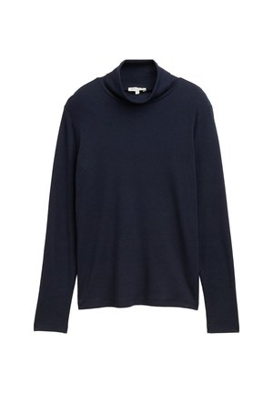 Maglione a collo alto di colore navy con maniche lunghe, realizzato in tessuto morbido; presenta una vestibilità comoda e un collo ripiegato. Senza fantasie né decorazioni.