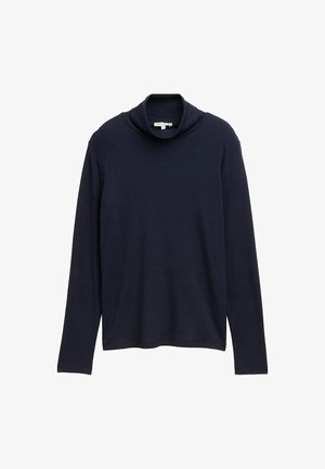 Marineblauwe turtleneck met lange mouwen, gemaakt van zacht materiaal; heeft een losse pasvorm en een omgevouwen kraag. Geen patronen of versieringen.