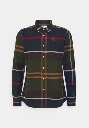 Long-sleeve plaid shirt in dark green, navy, red, and orange hues. Features button-down collar, chest logo, and white buttons. Cotton fabric.