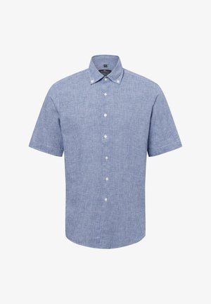 Kurzärmliges Button-Up-Hemd im hellblauen Karomuster, aus einem strukturierten Stoff mit einem Umlegekragen und weißen Knöpfen.