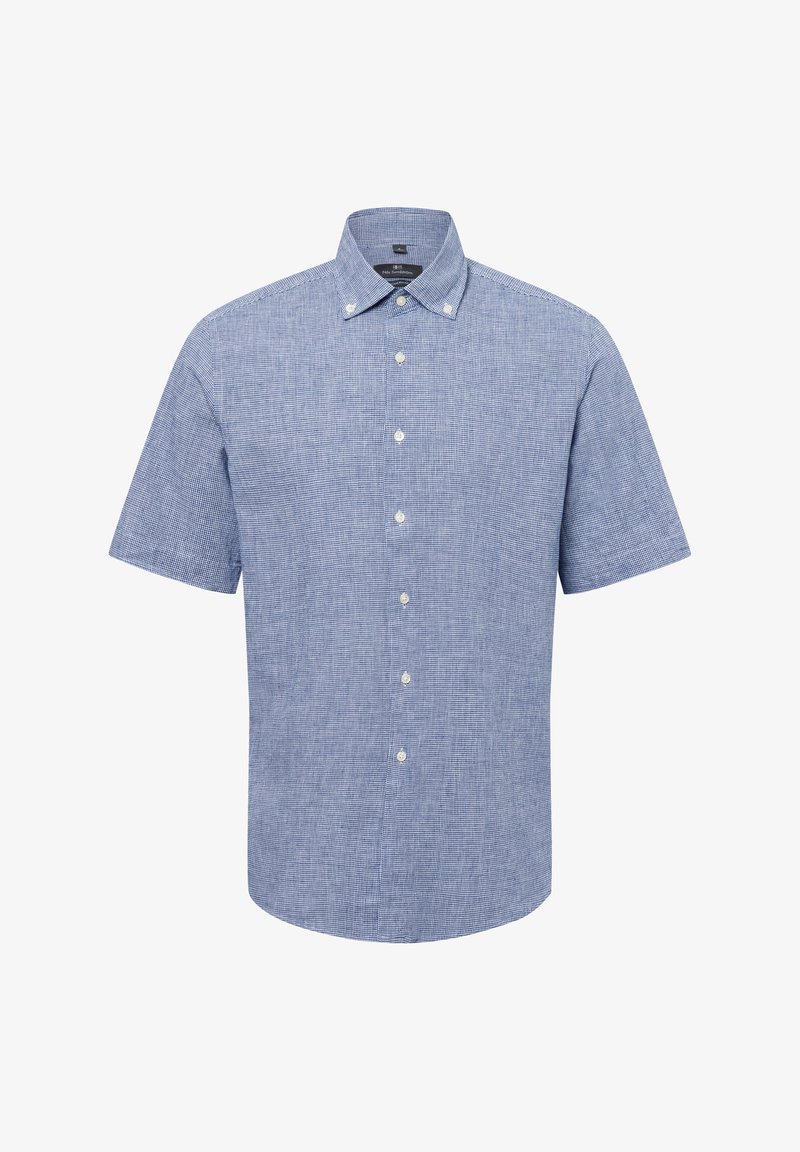 Kurzärmliges Button-Up-Hemd im hellblauen Karomuster, aus einem strukturierten Stoff mit einem Umlegekragen und weißen Knöpfen.