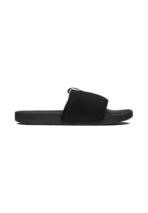 Sort slidesandal med tekstureret rem og polstret sål, designet til afslappet brug og nem at tage på.