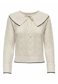Gestrickter Pullover in Creme mit geripptem Kragen, Kordelzug und kontrastierenden schwarzen Akzenten; zeigt offene Webart und Zickzackmuster.