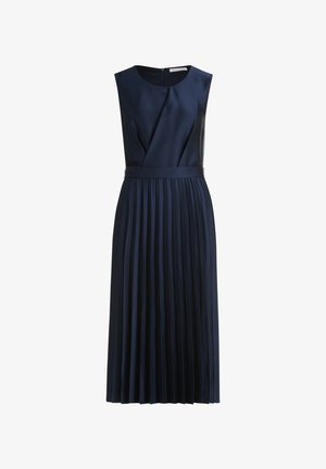 Marineblaues Satin-Nachthemd ohne Ärmel mit plissiertem Rock, Rundhalsausschnitt und einem Reißverschluss auf der Rückseite. Glatte Textur, taillierte Passform und bodenlängiges Design.