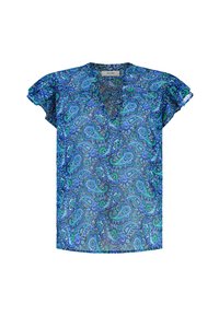 Īssa piedurkņu zila blūze ar pērļu rakstu zaļā un tirkīza krāsā. Ar V-veida kaklu un brīvu, plūstošu piegriezumu. Viegls, caurspīdīgs audums.