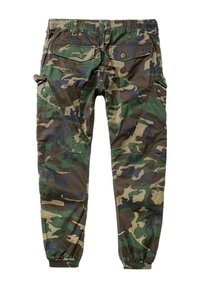 Pantalones cargo de camuflaje en verde y marrón, con una cintura elástica, múltiples bolsillos y puños ajustados para un diseño funcional.