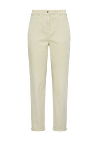 Pantalones de algodón beige con corte recto, con cierre de botón, cinco bolsillos y puños doblados para un look casual.